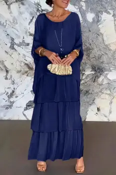 Rochie lunga suprapusa din matase naturala, cu trei volane mari si maneca cazuta, bleumarin imagine