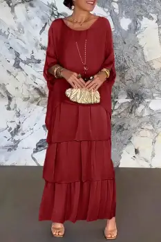 Rochie lunga suprapusa din matase naturala, cu trei volane mari si maneca cazuta, bordo imagine