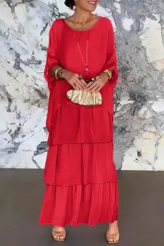 Rochie lunga suprapusa din matase naturala, cu trei volane mari si maneca cazuta, fucsia imagine