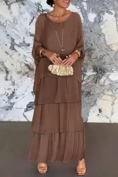 Rochie lunga suprapusa din matase naturala, cu trei volane mari si maneca cazuta, maro ciocolata imagine