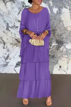 Rochie lunga suprapusa din matase naturala, cu trei volane mari si maneca cazuta, mov imagine