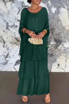 Rochie lunga suprapusa din matase naturala, cu trei volane mari si maneca cazuta, verde inchis imagine