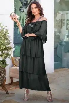 Rochie lunga suprapusa din matase si vascoza, cu trei volane mari si elastic pe umeri, gri inchis imagine