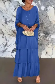 Rochie lunga suprapusa din matase si vascoza, cu trei volane mari si maneca cazuta, albastra imagine