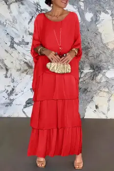 Rochie lunga suprapusa din matase si vascoza, cu trei volane mari si maneca cazuta, rosie imagine