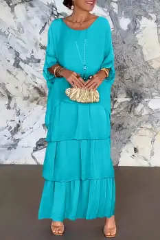 Rochie lunga suprapusa din matase si vascoza, cu trei volane mari si maneca cazuta, turcoaz imagine