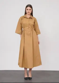 Rochie lunga tip camasa din poplin satinat de bumbac, camel imagine