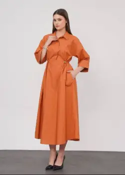 Rochie lunga tip camasa din poplin satinat de bumbac, caramizie imagine