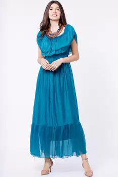 Rochie lunga, turcoaz, din matase naturala, cu volan pe umeri imagine