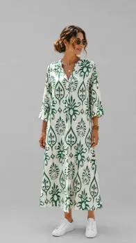 Rochie lunga vaporoasa cu imprimeu mediteranean si nasturi, alb-verde imagine