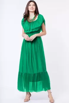 Rochie lunga, verde, din matase naturala, cu volan pe umeri imagine