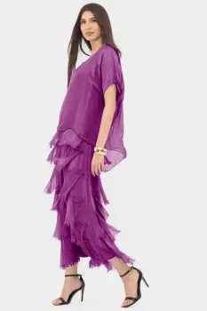 Rochie magenta din matase naturala cu volane franjurate suprapuse imagine