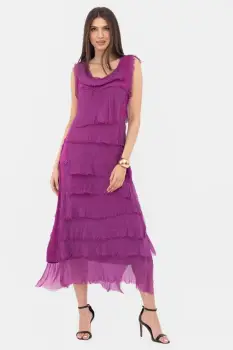 Rochie magenta din matase naturala cu volane franjurate suprapuse, fara maneci imagine