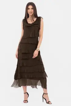 Rochie maro inchis din matase naturala cu volane franjurate suprapuse, fara maneci imagine