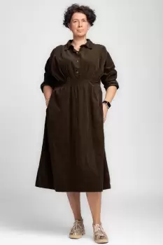 Rochie masura mare din catifea reiata taiata in talie, maro imagine