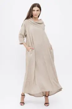Rochie maxi, A-line, din in, cu guler amplu, bej imagine