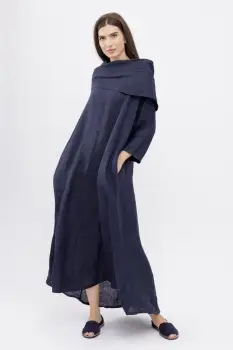 Rochie maxi,  A-line, din in, cu guler amplu, bleumarin imagine