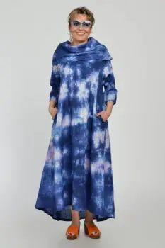 Rochie maxi,  A-line, din in, cu guler amplu, cu imprimeu boem tie-dye bleumarin imagine