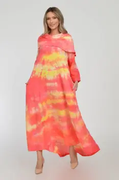 Rochie maxi,  A-line, din in, cu guler amplu, cu imprimeu boem tie-dye corai imagine