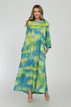 Rochie maxi,  A-line, din in, cu guler amplu, cu imprimeu boem tie-dye galben-turcoaz imagine