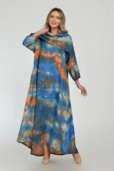 Rochie maxi,  A-line, din in, cu guler amplu, cu imprimeu boem tie-dye portocaliu-bleumarin imagine