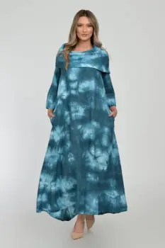 Rochie maxi,  A-line, din in, cu guler amplu, cu imprimeu boem tie-dye turcoaz imagine