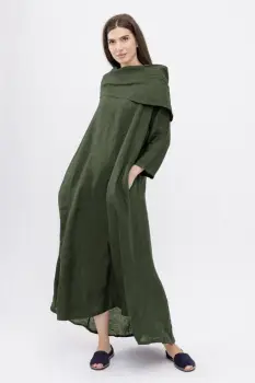 Rochie maxi,  A-line, din in, cu guler amplu, kaki imagine
