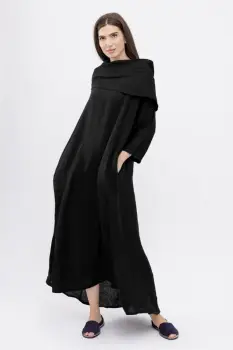 Rochie maxi,  A-line, din in, cu guler amplu, negru imagine
