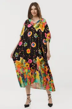 Rochie maxi A-line din vascoza si matase, cu imprimeu artistic si croiala lejera imagine