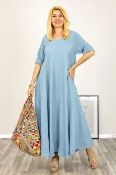 Rochie maxi din in, ampla cu decolteu pe fata si spate, bleu imagine