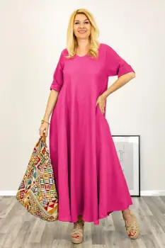 Rochie maxi din in, ampla cu decolteu pe fata si spate, fucsia imagine
