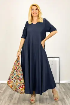 Rochie maxi din in foarte ampla bleumarin cu decolteu pe fata si spate imagine