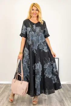 Rochie maxi din in foarte ampla cu imprimeu floral, pe fond negru imagine