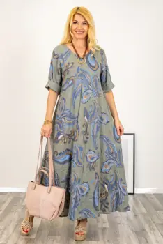 Rochie maxi din in foarte ampla cu imprimeu paisley, pe fond kaki imagine