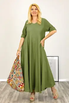 Rochie maxi din in foarte ampla verde oliv imagine