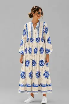 Rochie maxi din vascoza cu imprimeu solar si inspiratie boho, alb-albastru imagine