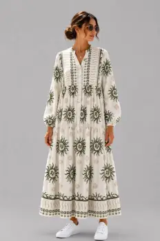 Rochie maxi din vascoza cu imprimeu solar si inspiratie boho, alb-kaki imagine