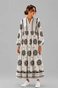 Rochie maxi din vascoza cu imprimeu solar si inspiratie boho, alb-negru imagine
