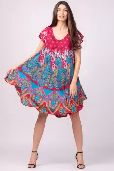Rochie midi A-line cu imprimeu paisley, pe fond fucsia imagine