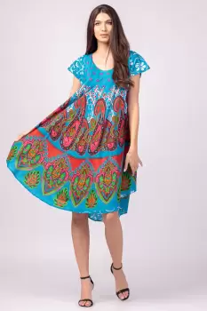 Rochie midi A-line cu imprimeu paisley, pe fond turcoaz imagine