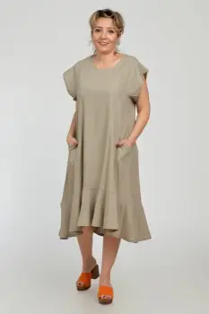 Rochie midi A-line din in mercerizat cu buzunare si volan, bej imagine