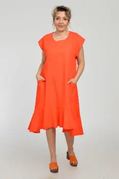 Rochie midi A-line din in mercerizat cu buzunare si volan, corai imagine