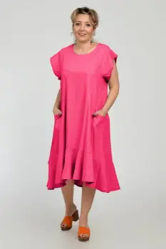 Rochie midi A-line din in mercerizat cu buzunare si volan, fucsia imagine