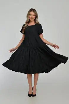 Rochie midi ampla, cu volane, A-line, cu talia joasa, din tafta de vascoza, neagra imagine