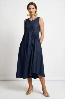 Rochie midi, asimetrica, din in, cu croiala ampla A-line si detaliu drapat, bleumarin imagine