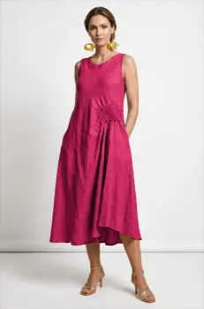Rochie midi, asimetrica, din in, cu croiala ampla A-line si detaliu drapat, fucsia imagine