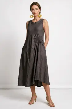 Rochie midi, asimetrica, din in, cu croiala ampla A-line si detaliu drapat, maro imagine