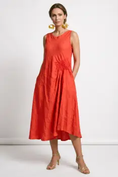 Rochie midi, asimetrica, din in, cu croiala ampla A-line si detaliu drapat, rosu tangerine imagine