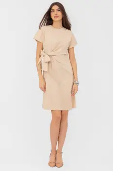 Rochie midi bej din vascoza, petrecuta pe talie imagine