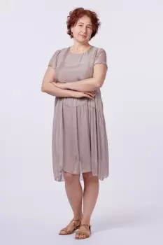 Rochie midi cu volan, din matase naturala bej imagine